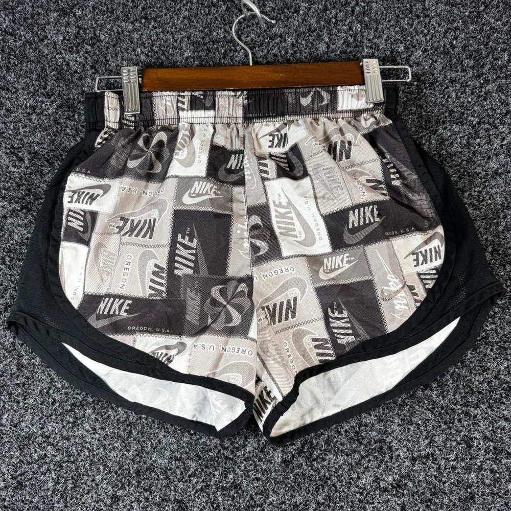 Nike Dri-FIT Running Shorts Womens Small Black White Logo Collage Print Athletic